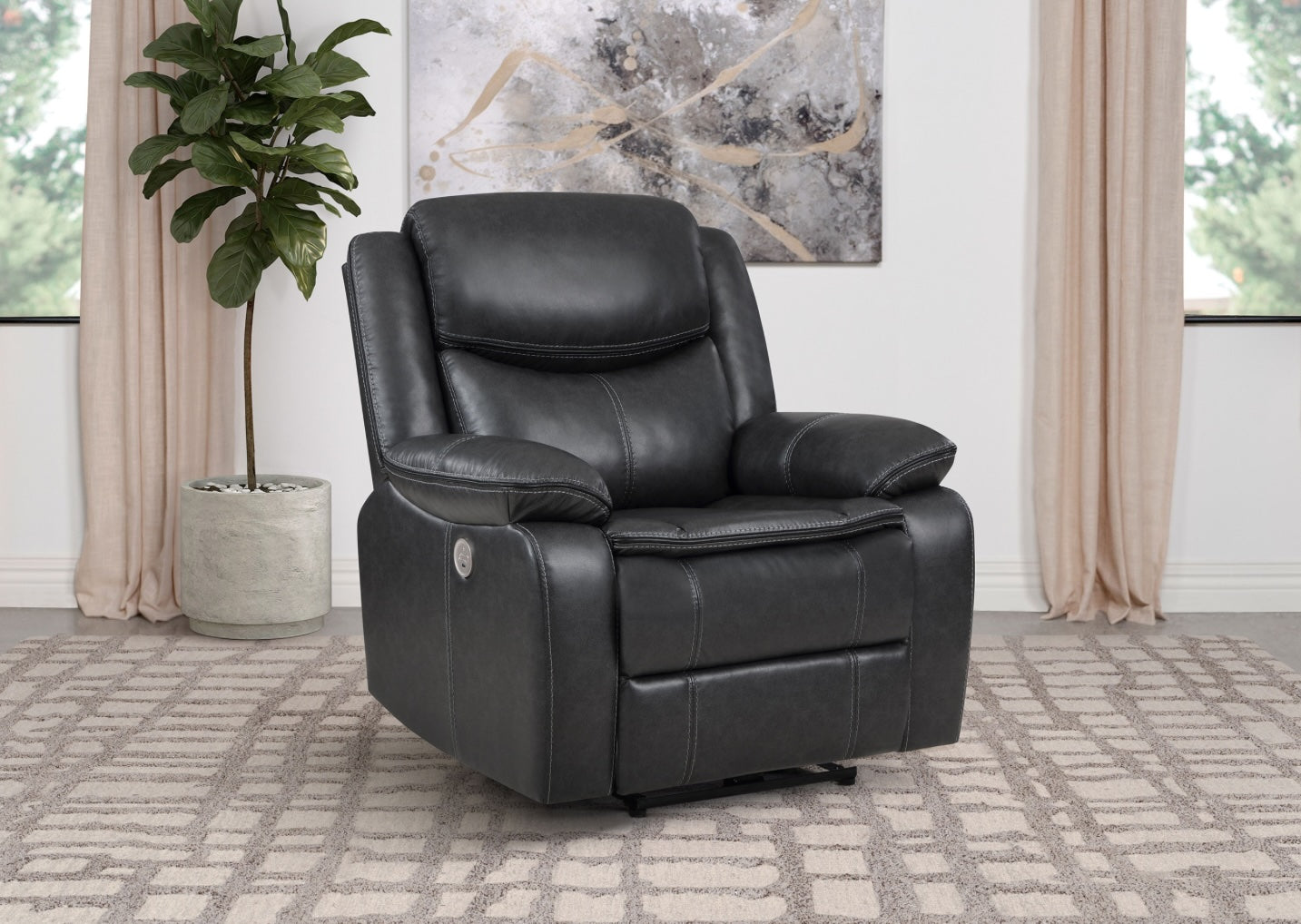 Sycamore Upholstered Power Recliner in Dark Gray with Contrast Stitching