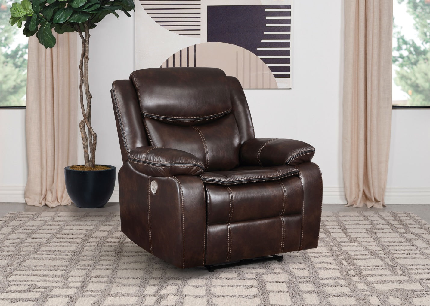 Sycamore Upholstered Power Recliner in Dark Brown with Contrast Stitching