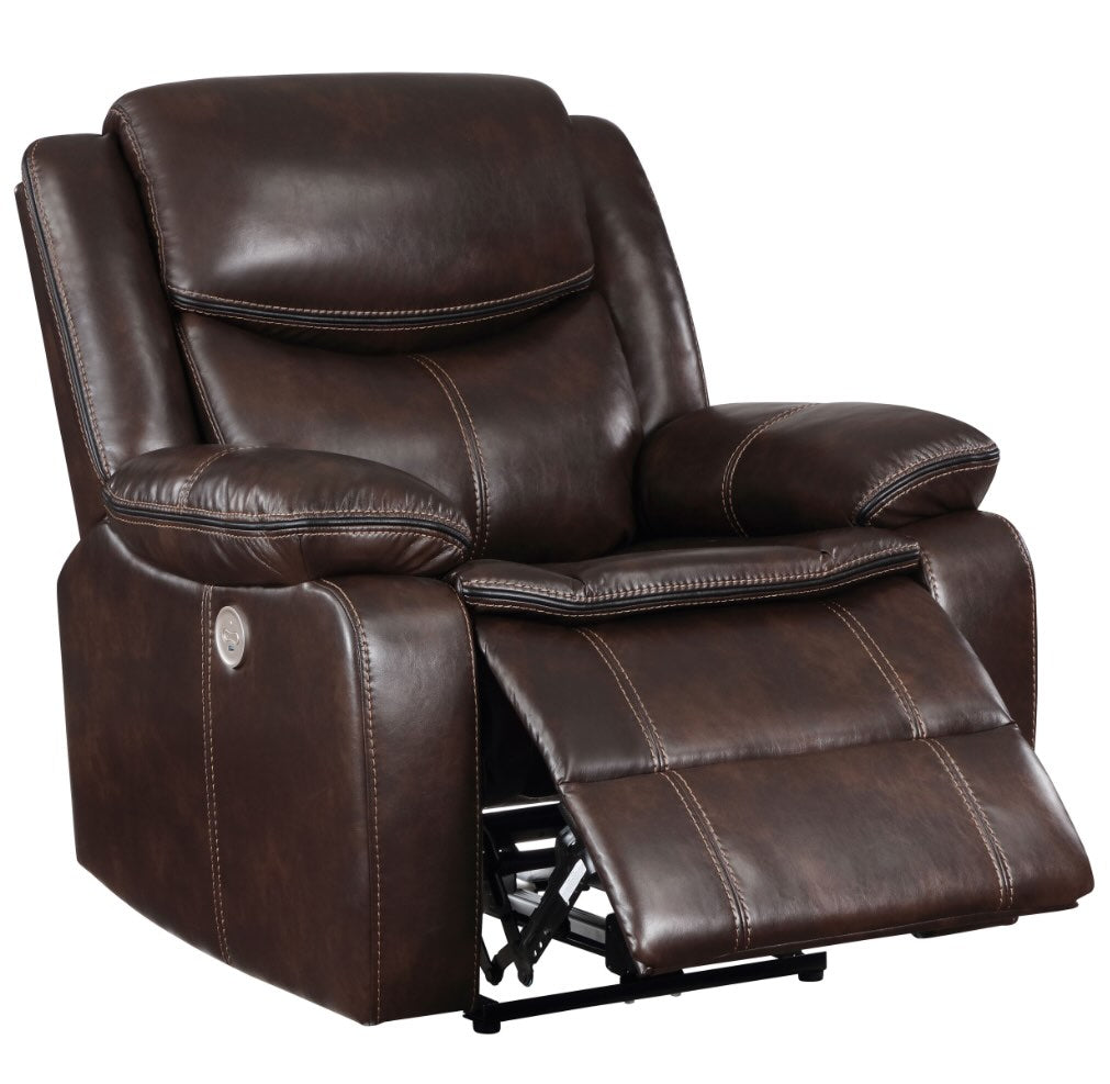 Sycamore Upholstered Power Recliner in Dark Brown with Contrast Stitching