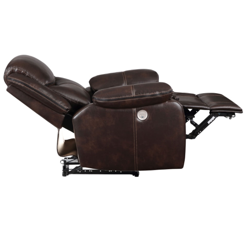 Sycamore Upholstered Power Recliner in Dark Brown with Contrast Stitching