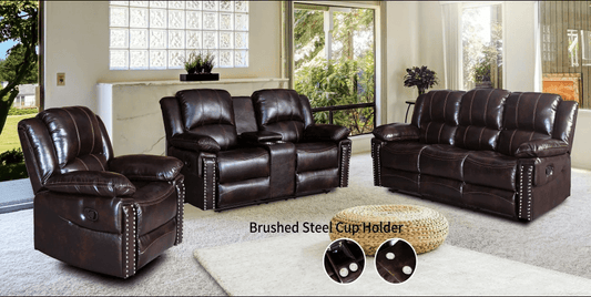 Mario 3 - Piece Motion Sofa, Loveseat & Recliner Set in Brown with Silver Nailheads