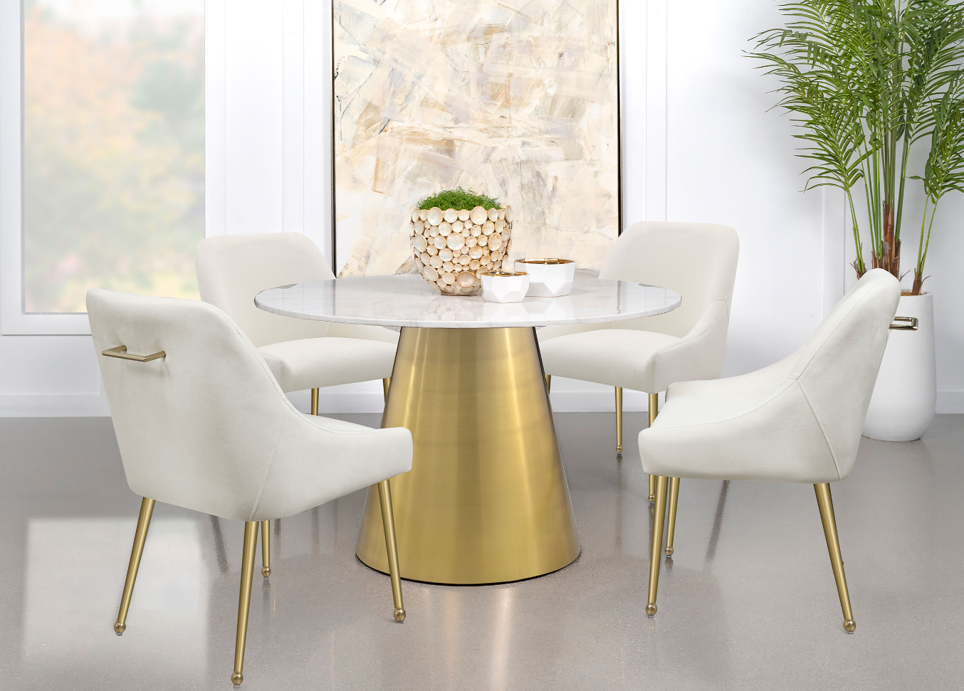 Ambrose 50" White Marble & Brushed Gold Dining Set