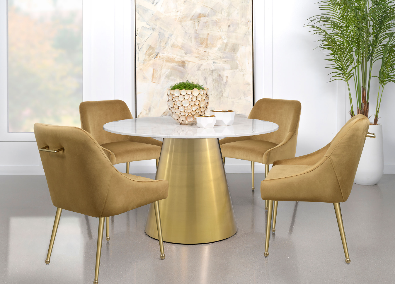 Ambrose 50" White Marble & Brushed Gold Dining Set