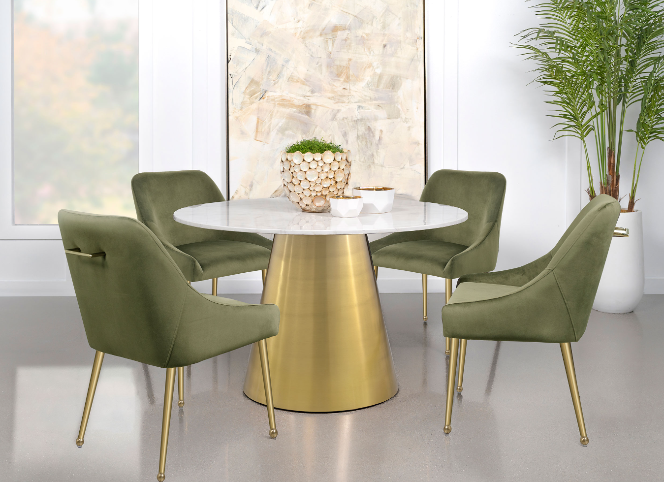 Ambrose 50" White Marble & Brushed Gold Dining Set