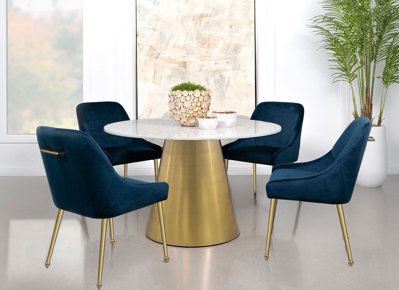 Ambrose 50" White Marble & Brushed Gold Dining Set