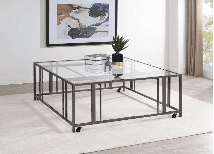 Adri Square Glass Top Coffee Table with Casters - Black Nickel