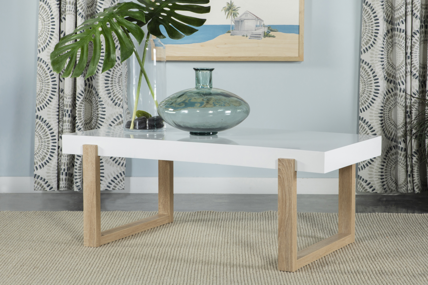 Rectangular Coffee Table with Sled Base White High Gloss and Natural