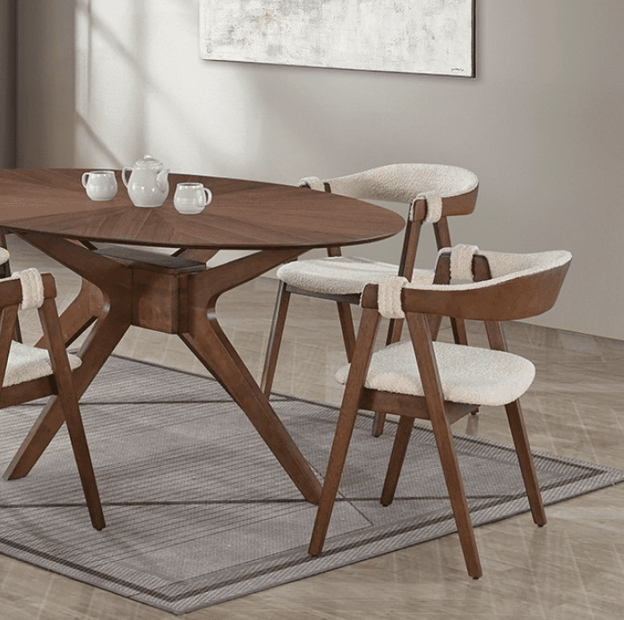 Ebikon Mid-Century Modern Dining Set in Walnut & Beige Boucle