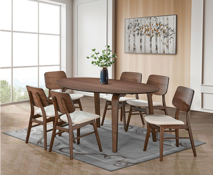 Narvik Mid-Century Modern Dining Set in Walnut & Beige Boucle