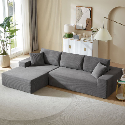 Leander Mid-Century Modern Corduroy Upholstered Sectional, Gray