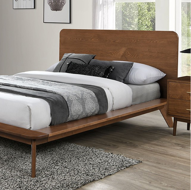 Stathelle Mid-Century Modern Solid Wood Platform Bed, Walnut