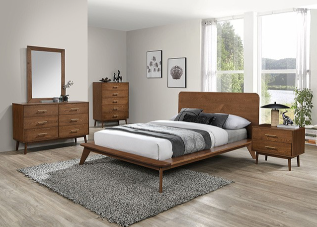 Stathelle Mid-Century Modern Solid Wood Platform Bedroom Set, Walnut