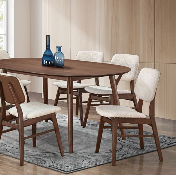 Uzwil Mid-Century Modern 5-Piece Dining Set in Walnut with Boucle Chairs