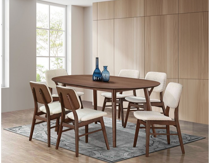 Uzwil Mid-Century Modern 5-Piece Dining Set in Walnut with Boucle Chairs