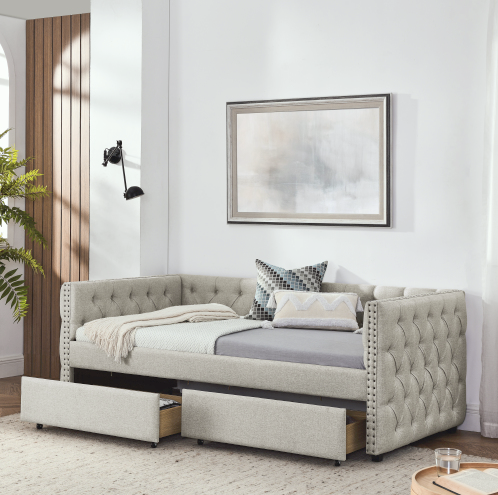 Simpson Full Size Contemporary Tufted Linen Daybed with Drawers, Gray