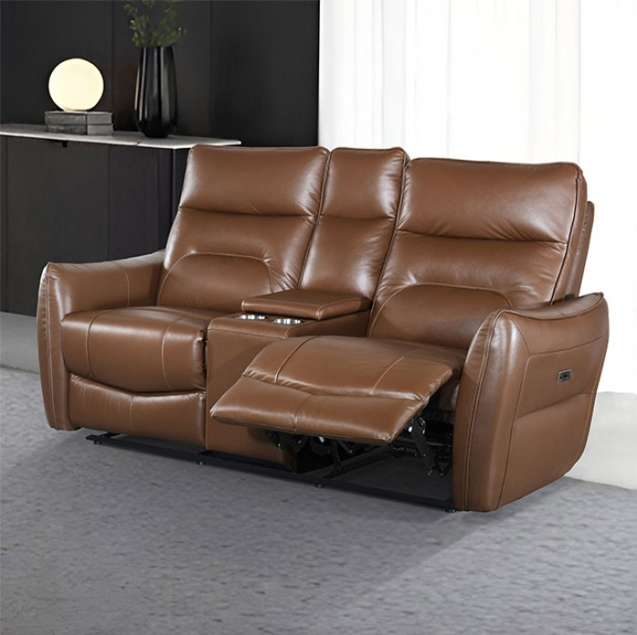 Terentius Contemporary Power Reclining Sofa, Caramel Brown