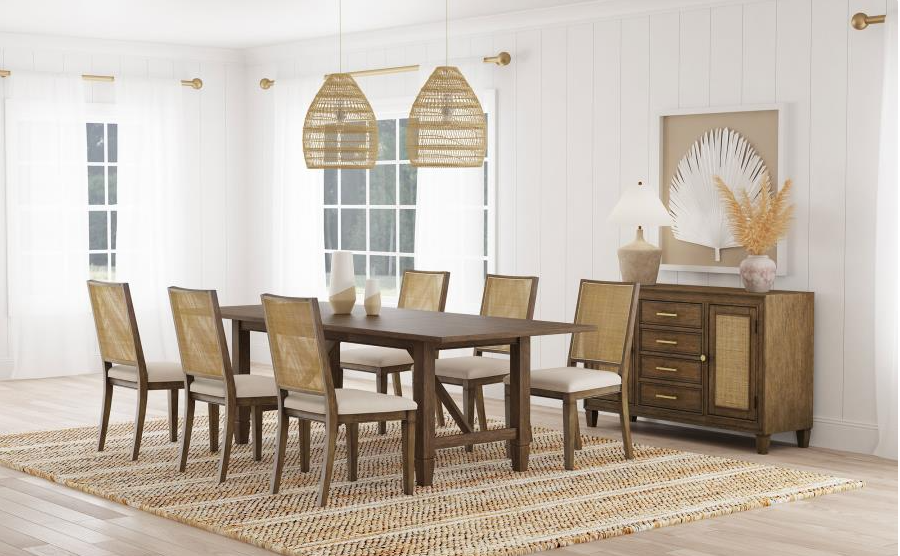 Matisse 7-Piece Solid Wood Dining Set with Rattan Back Chairs, Light Brown