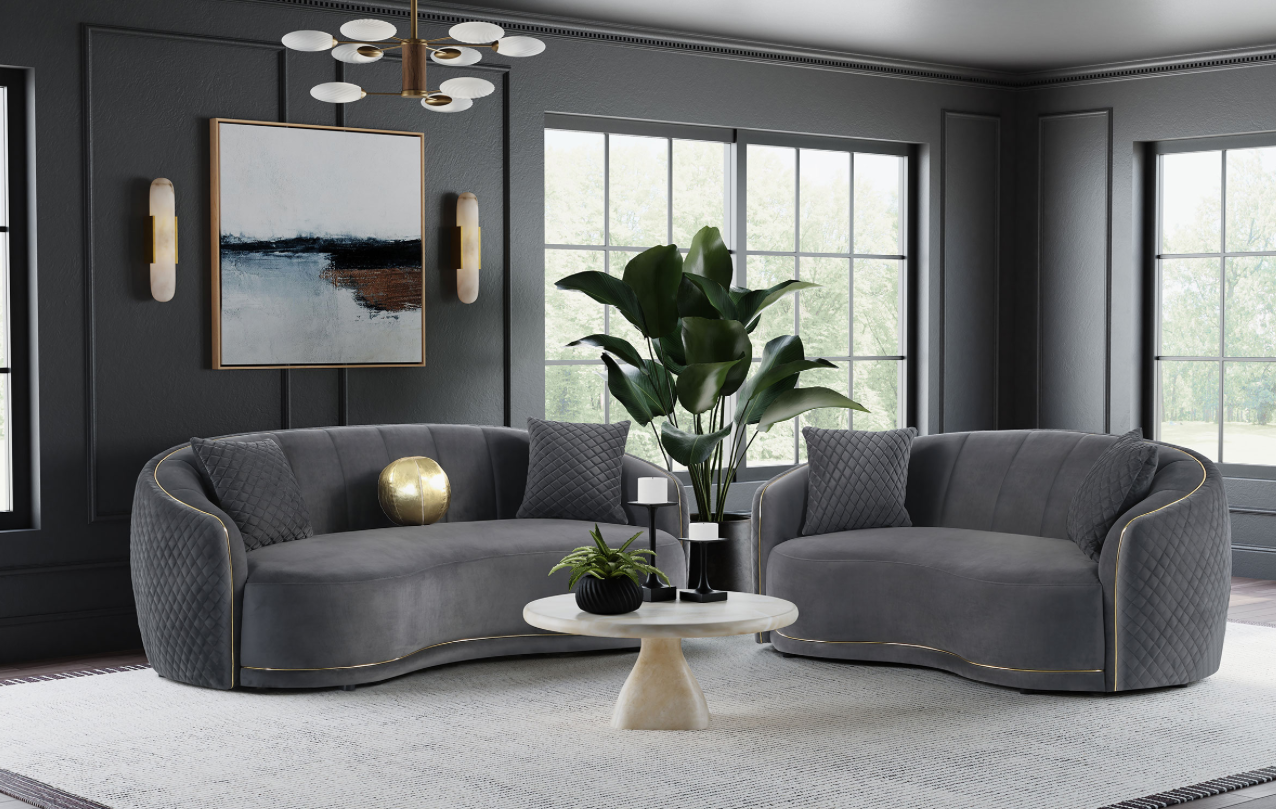 Brookside Velvet Upholstered Curved Sofa Dark Grey