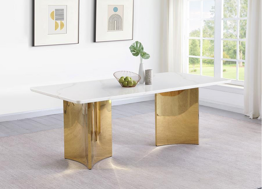 Tevlin Rectangular 79-inch Marble Top Dining Table White & Champagne Gold