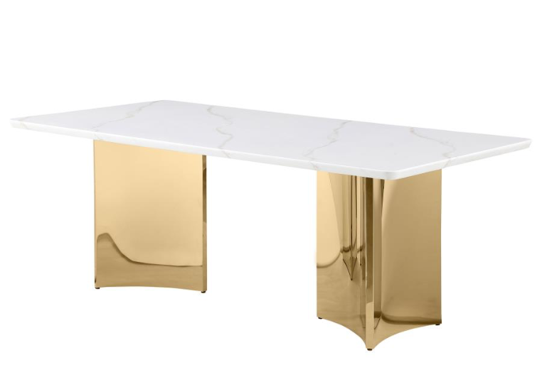 Tevlin Rectangular 79-inch Marble Top Dining Table White & Champagne Gold