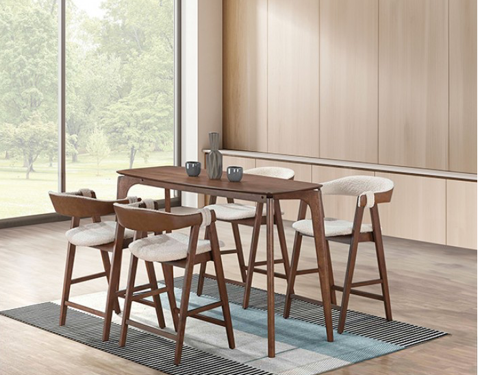 Ebikon Mid-Century Modern Counter Height Dining Set in Walnut & Beige Boucle