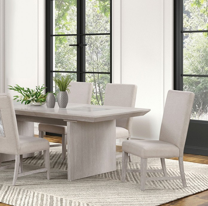 Argenthart Transitional 7PC Sunburst Pattern Dining Set with Glass, Light Gray