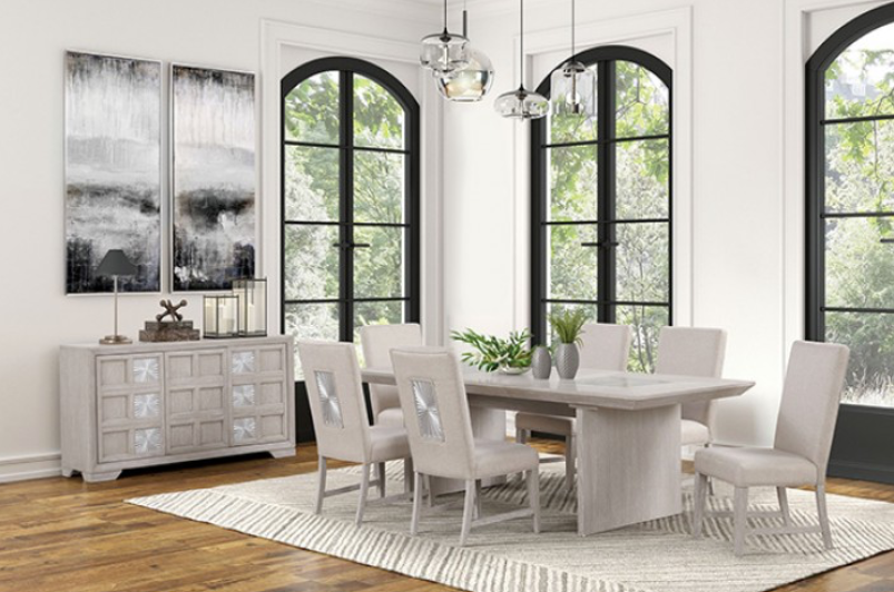 Argenthart Transitional 7PC Sunburst Pattern Dining Set with Glass, Light Gray