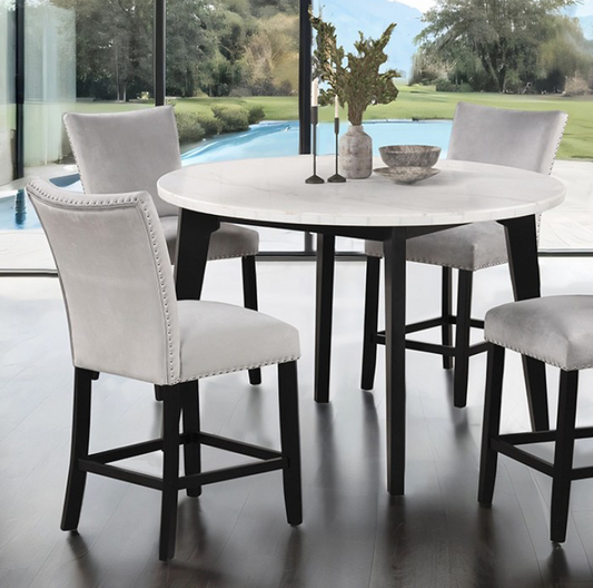 Sabro 5PC Marble Top Counter Height Dining Set with Velvet Chairs, Black & White