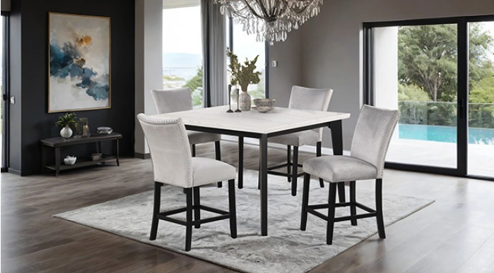 Sabro 5PC Marble Top Counter Height Dining Set with Velvet Chairs, Black & White