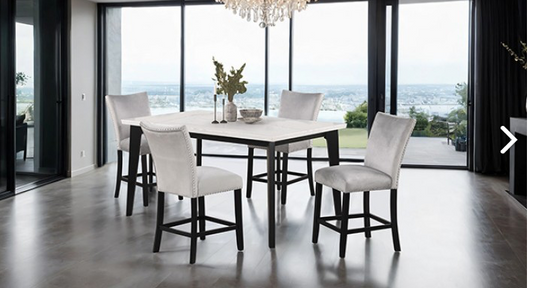 Sabro 5PC Marble Top Counter Height Dining Set with Velvet Chairs, Black & White