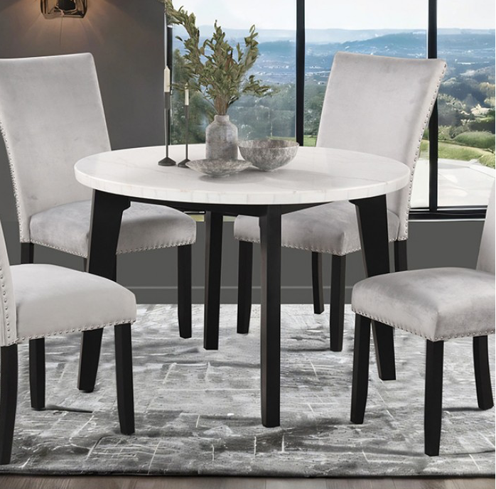 Sabro 5PC Marble Top Dining Set with Velvet Chairs, Black & White