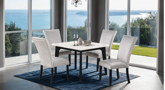 Sabro 5PC Marble Top Dining Set with Velvet Chairs, Black & White