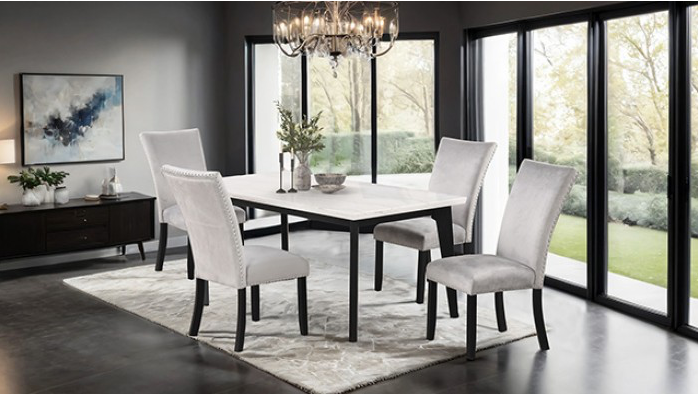 Sabro 5PC Marble Top Dining Set with Velvet Chairs, Black & White