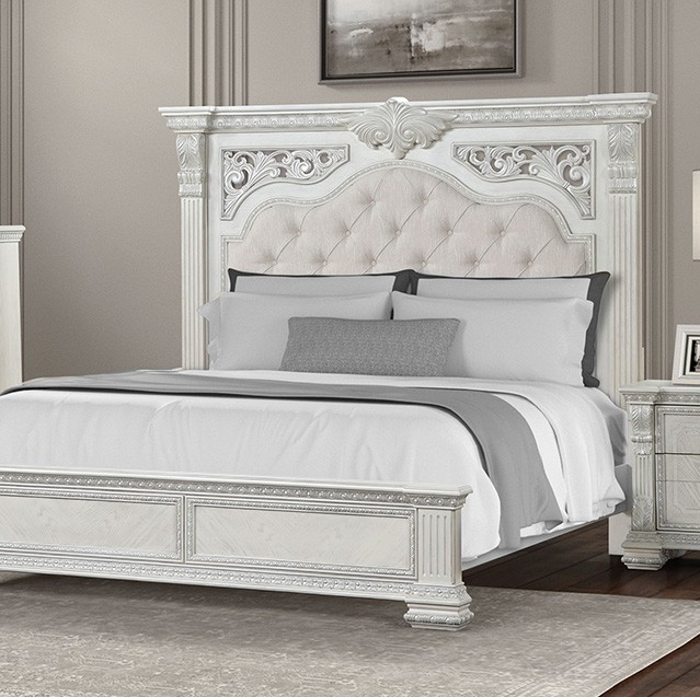 Promenade Traditional Ornate Carved Queen Bed, Wire Brushed White