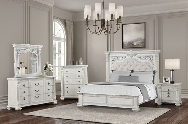 Promenade Traditional Ornate Carved Queen Bed, Wire Brushed White