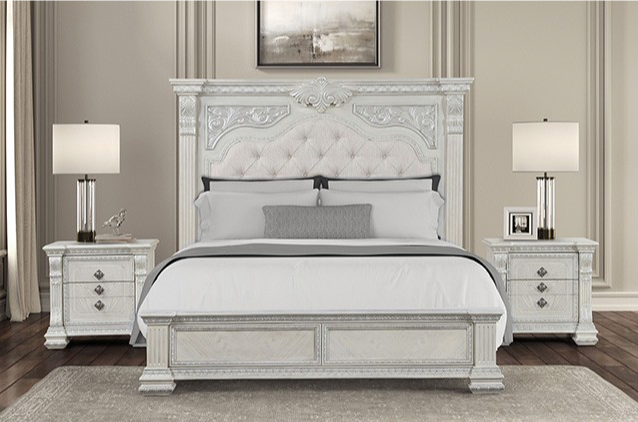 Promenade Traditional Ornate Carved Queen Bed, Wire Brushed White