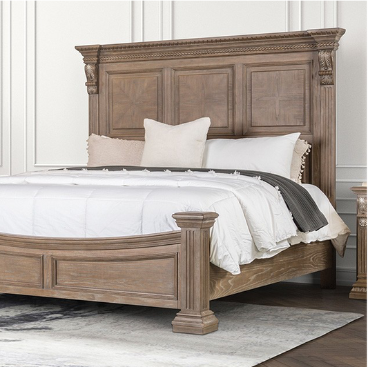 Seven Oaks Transitional Wooden Queen Bed with Dentil Molding, Weathered Oak