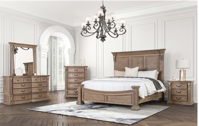 Seven Oaks Transitional Wooden Queen Bed with Dentil Molding, Weathered Oak