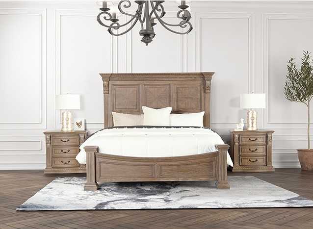 Seven Oaks Transitional Wooden Queen Bed with Dentil Molding, Weathered Oak