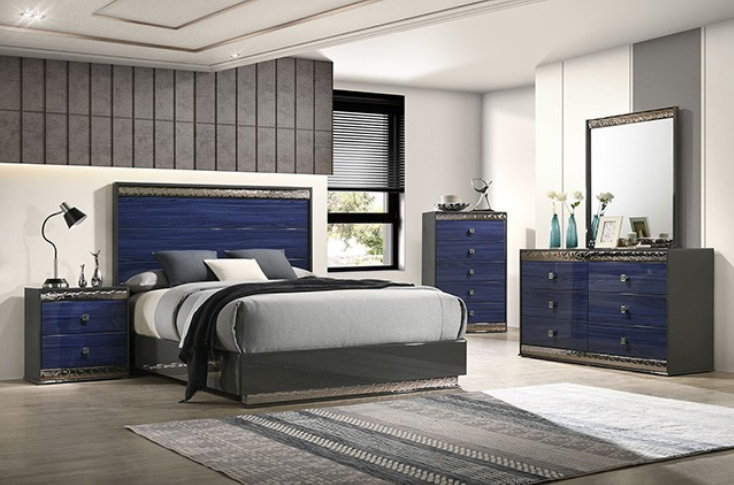 Morcote King Glam Bedroom Collection in Ash Gray & Indigo