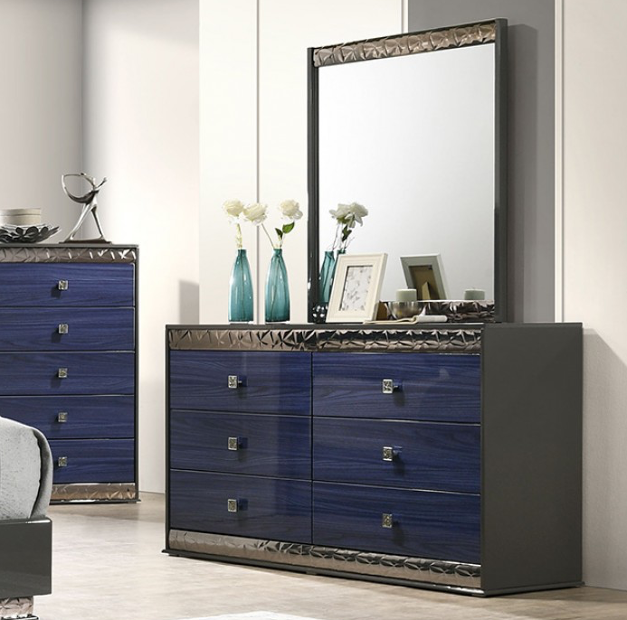 Morcote King Glam Bedroom Collection in Ash Gray & Indigo