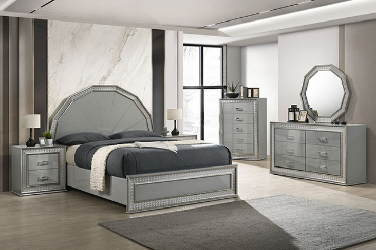 Cassiopeia King Glam Bedroom Collection with LED, Metallic Gray