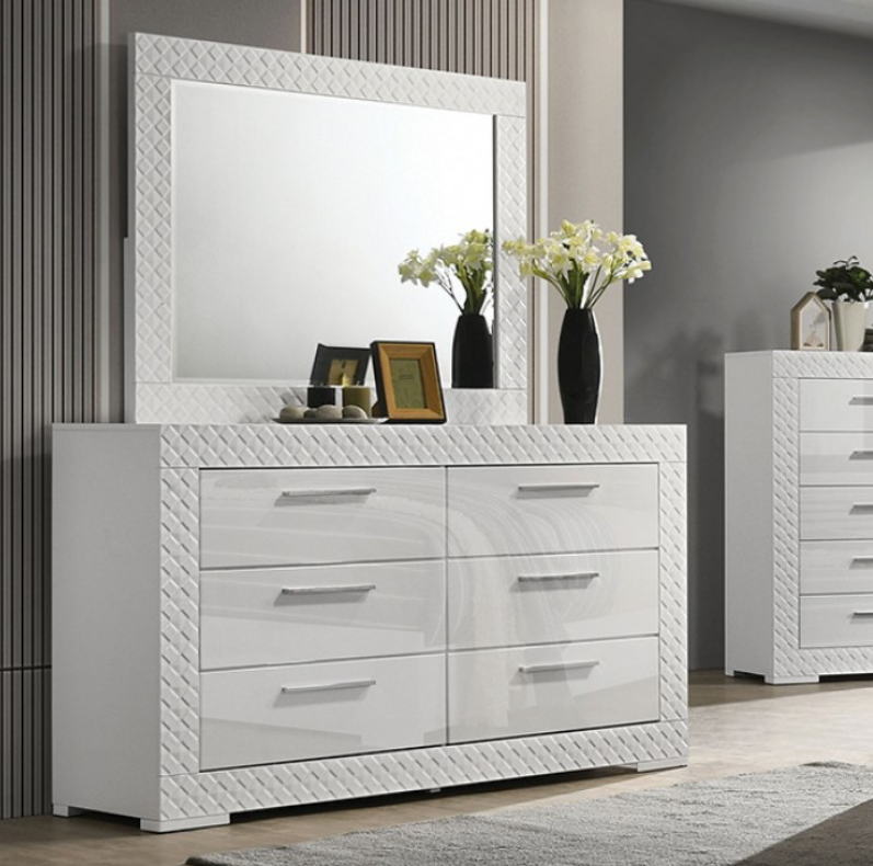 Whitby King Size Glam Bedroom Collection in High Gloss with LED, White