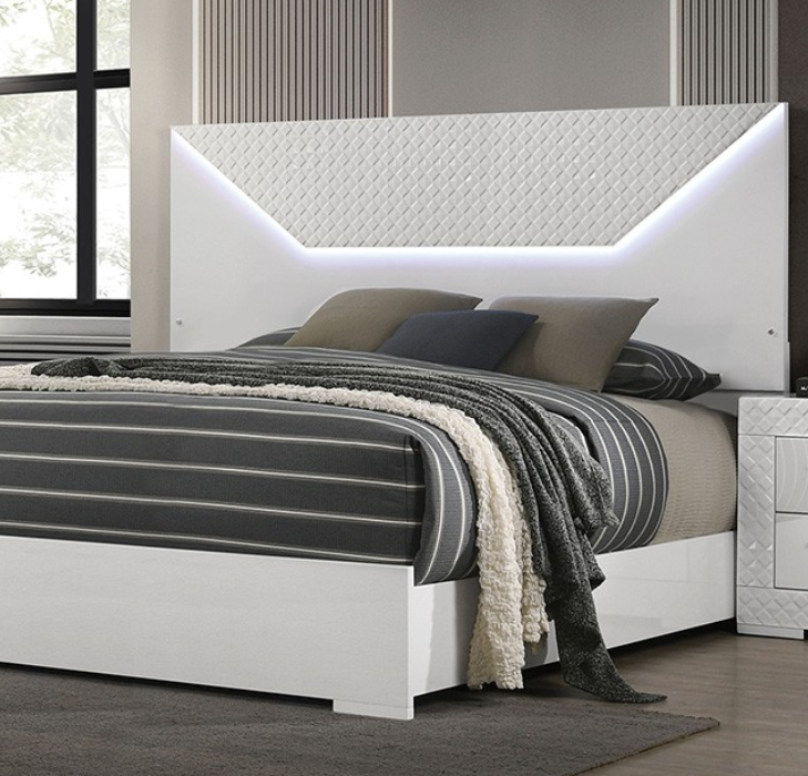 Whitby King Size Glam Bedroom Collection in High Gloss with LED, White