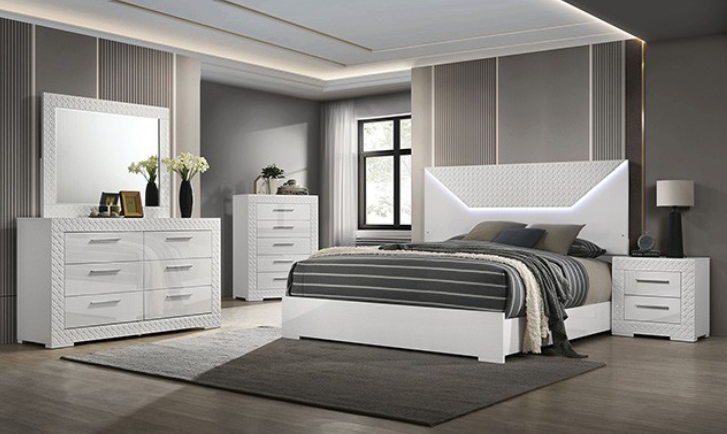 Whitby King Size Glam Bedroom Collection in High Gloss with LED, White