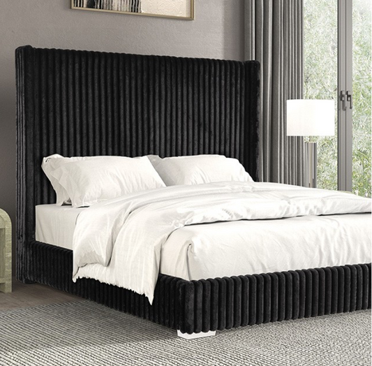 Cadwell King Size Contemporary Fur Chenille Platform Bed with 68" Headboard, Black