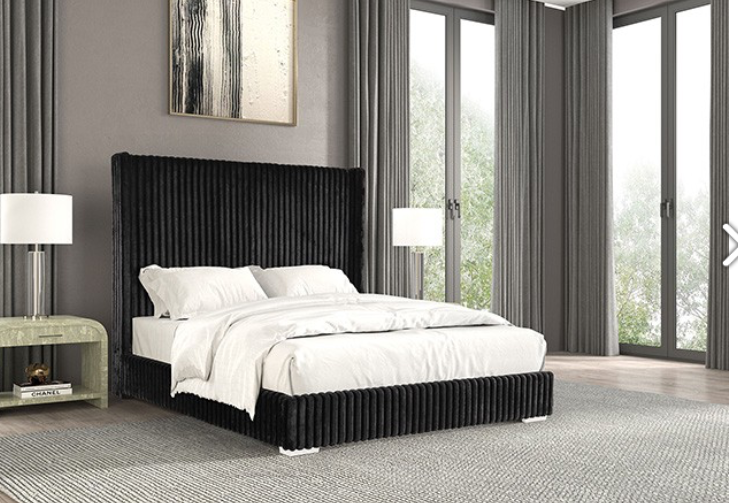 Cadwell King Size Contemporary Fur Chenille Platform Bed with 68" Headboard, Black