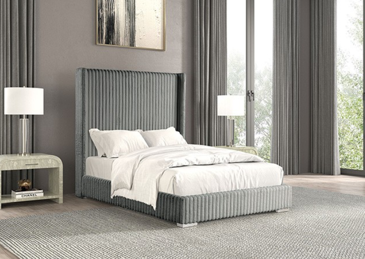 Cadwell King Size Contemporary Fur Chenille Platform Bed with 68" Headboard, Gray