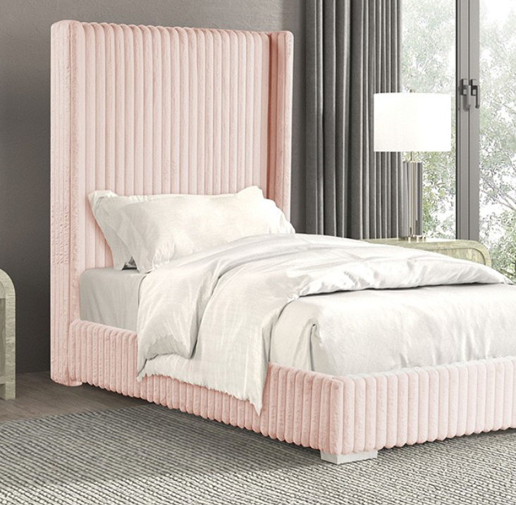 Cadwell Full Size Contemporary Fur Chenille Platform Bed with 68" Headboard, Pink