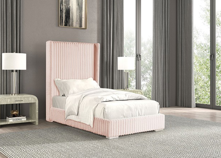 Cadwell Full Size Contemporary Fur Chenille Platform Bed with 68" Headboard, Pink